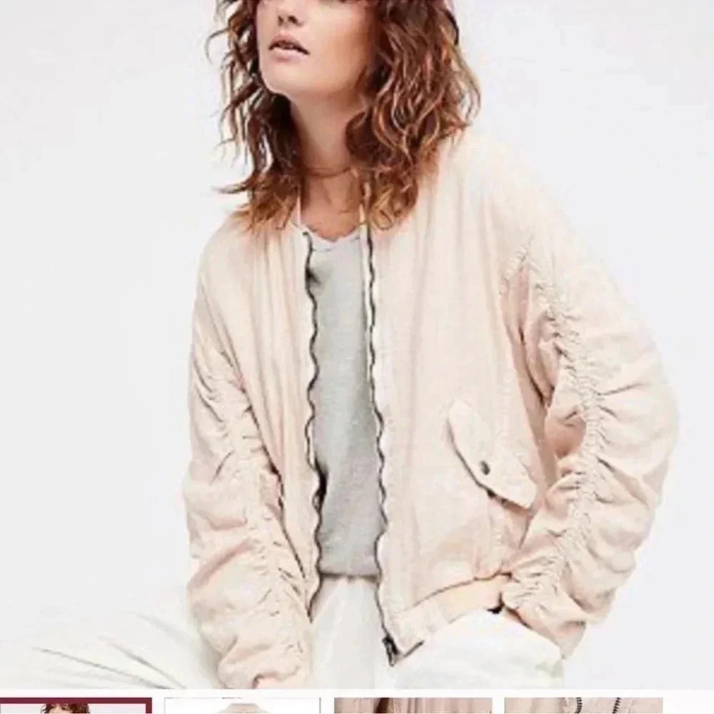 Free People Women’s Cream Beige Ruched Linen Bomber‎ Jacket Small